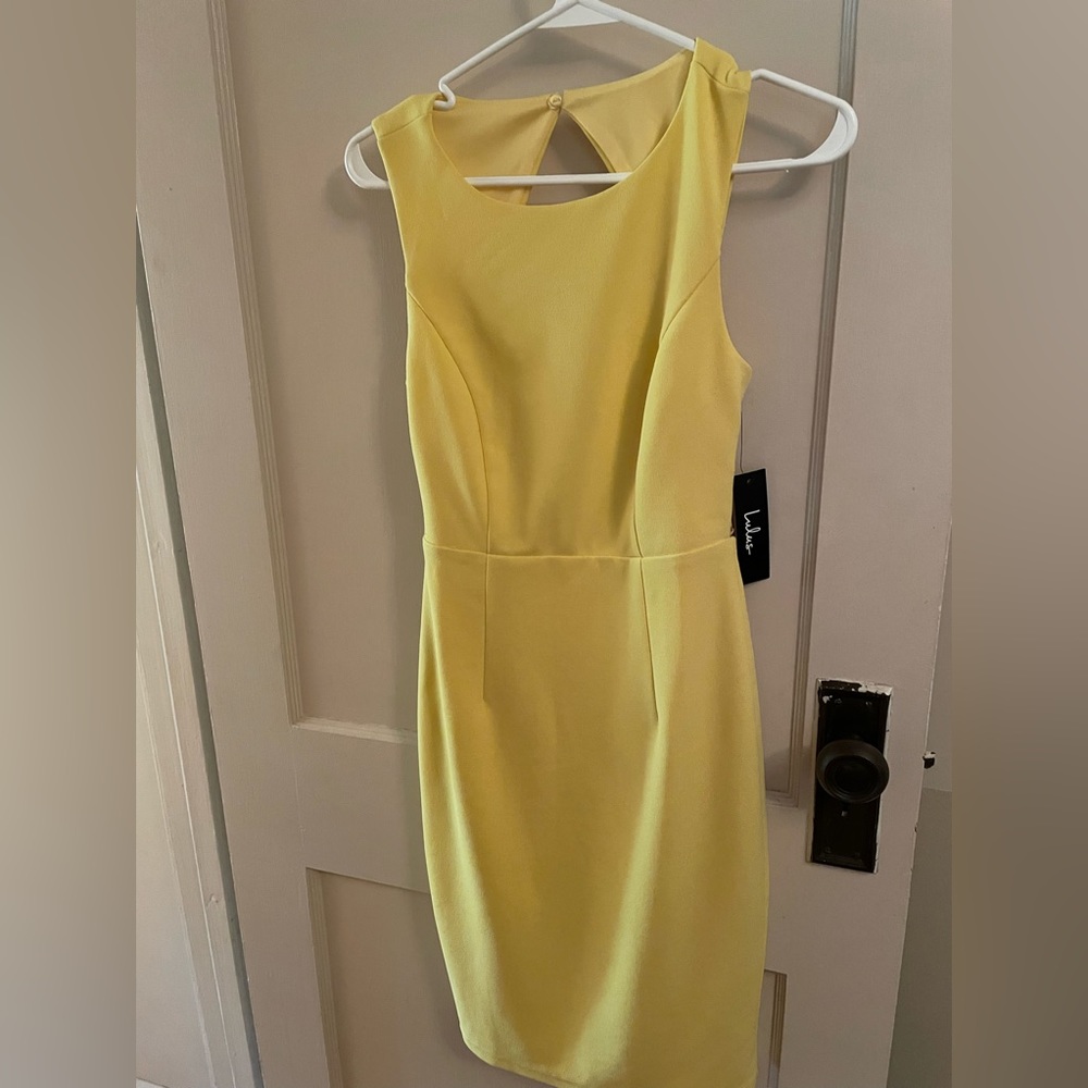 Lulu’s canary yellow open-back dress. Size small